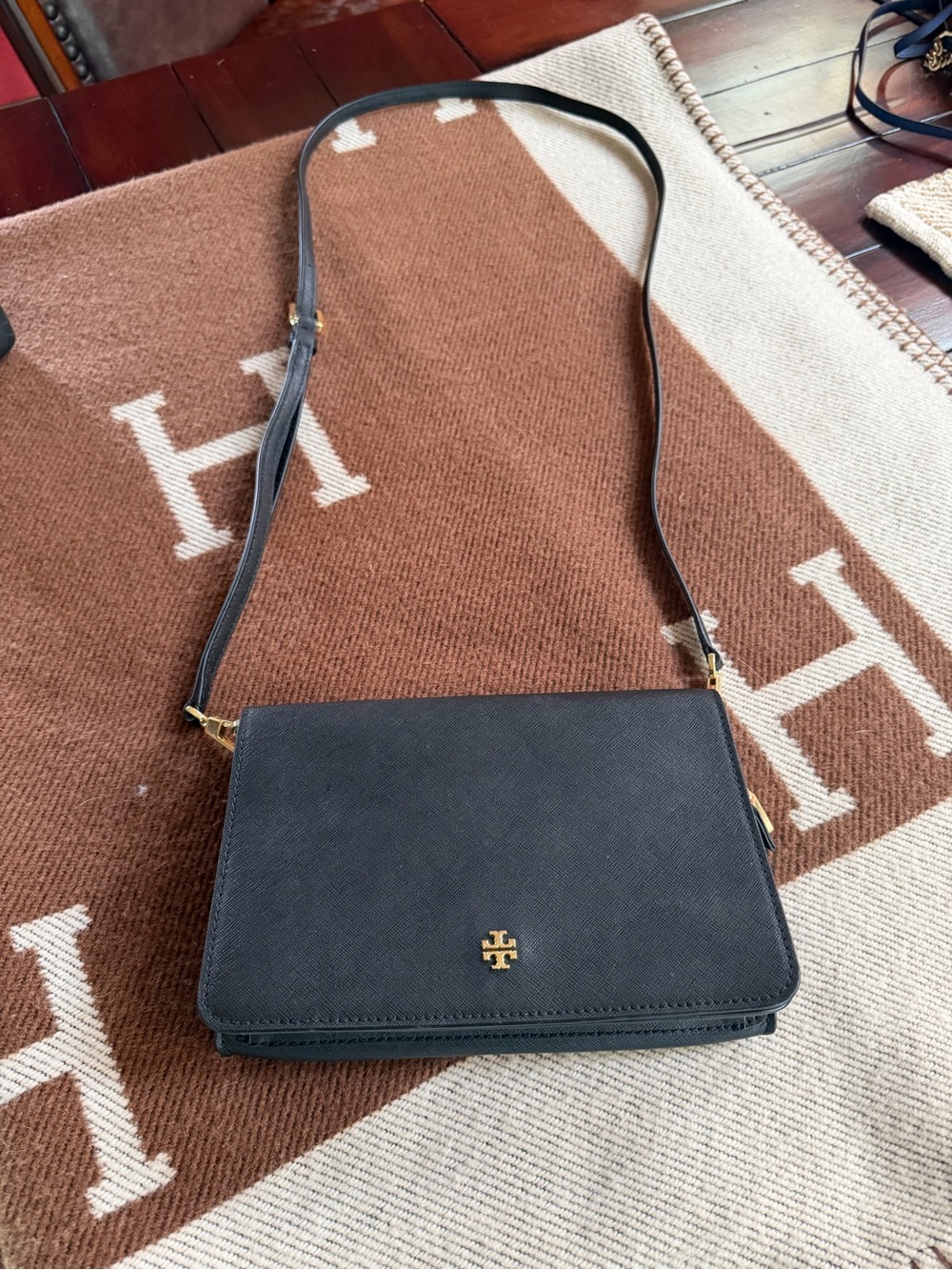 Tory Burch Black Saffiano Leather Crossbody with Gold Logo